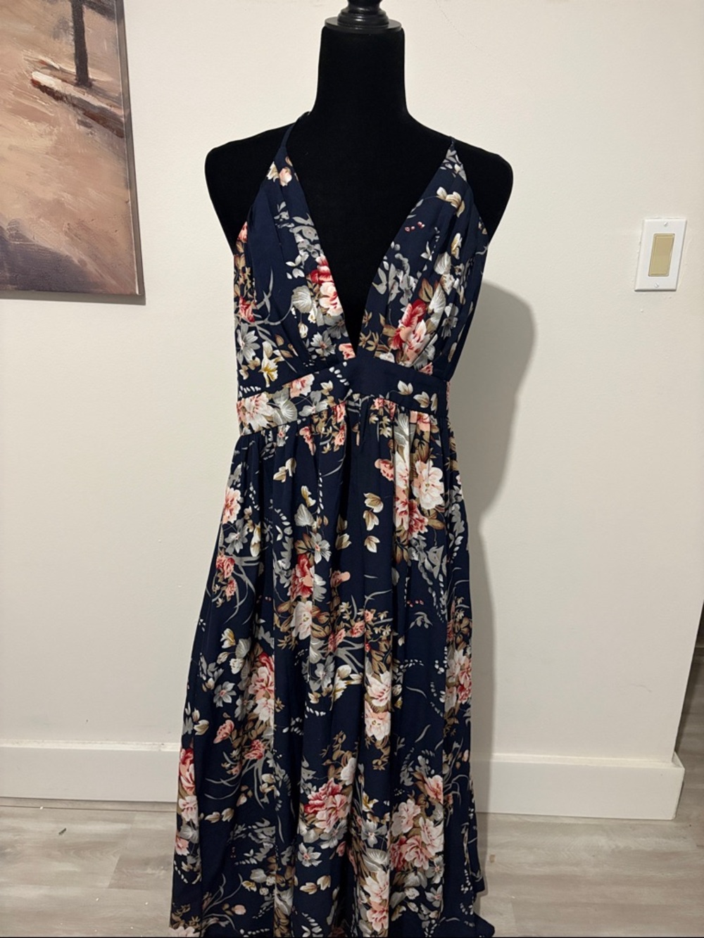 Floral Navy Maxi Dress with V-Neck